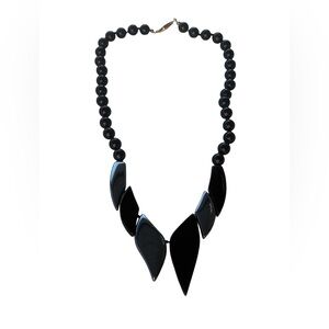 Vintage Black Glass Statement Necklace – Sculpted Panels & Bead Chain